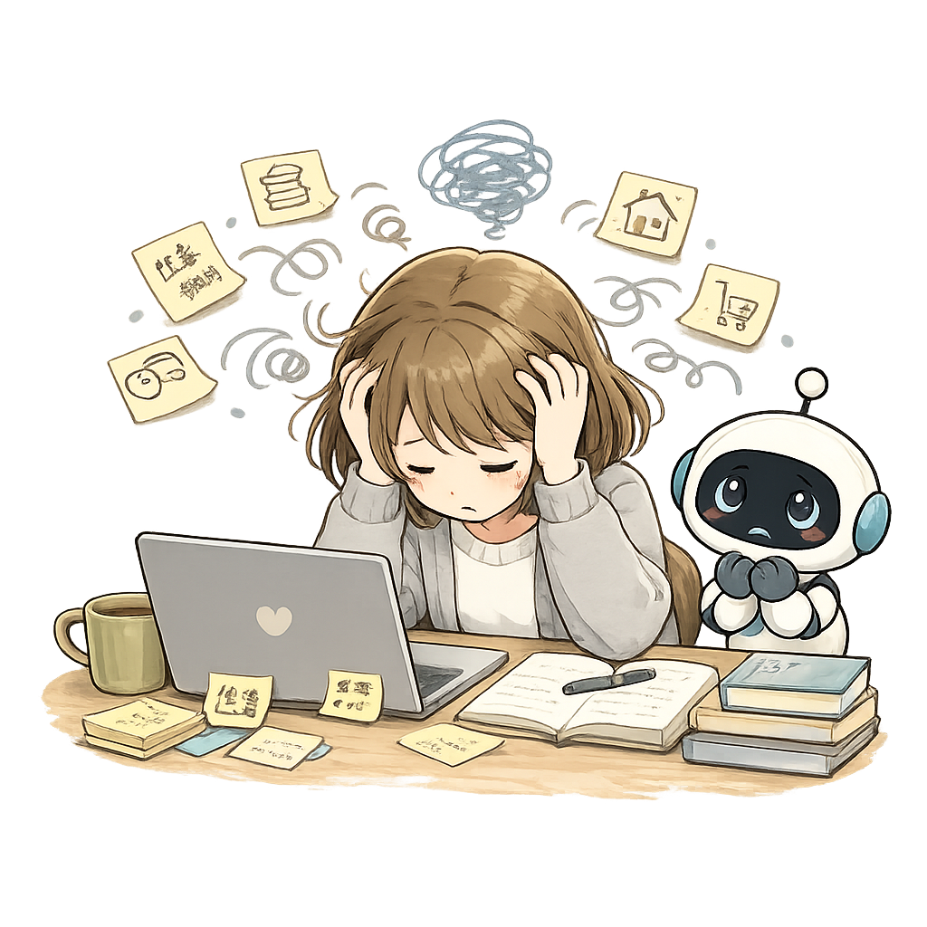 やることが多すぎて頭を抱えるてんて子。頭の上はもやもやでいっぱいのイラスト