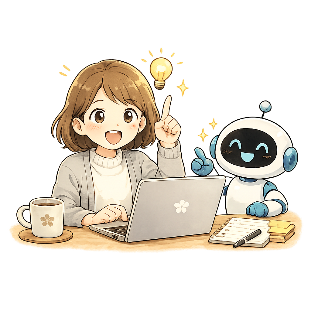 新しいことをひらめいて、わくわくしているてんて子のイラスト