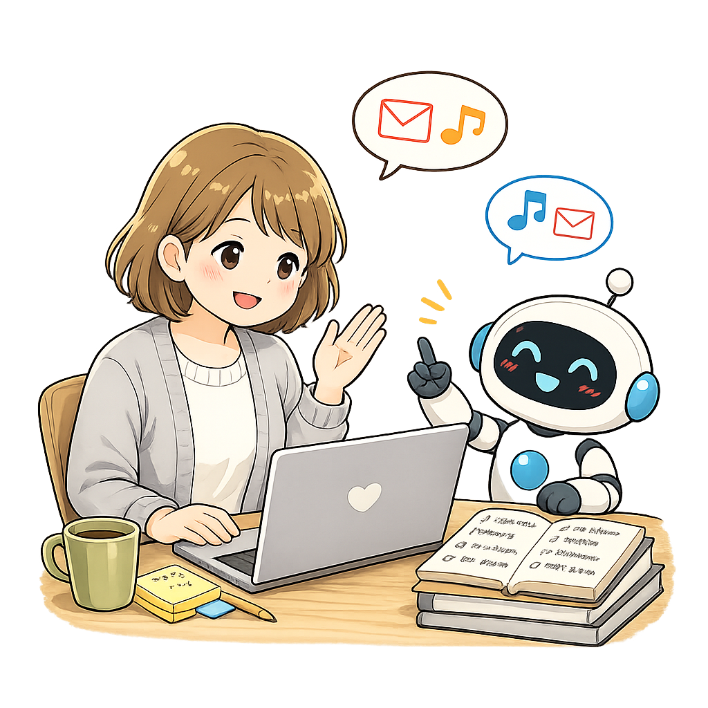 ノートパソコンの前で手を挙げてチャッピーに相談するてんて子。AIがメールの吹き出しを出しているイラスト