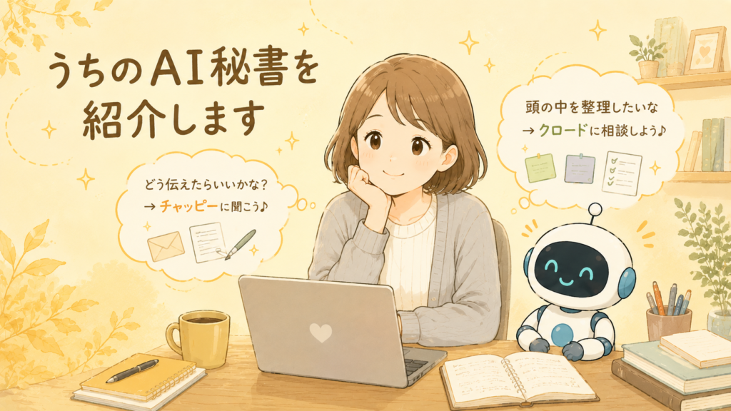 うちのAI秘書チャッピーとクロードを紹介するてんて子のアイキャッチ