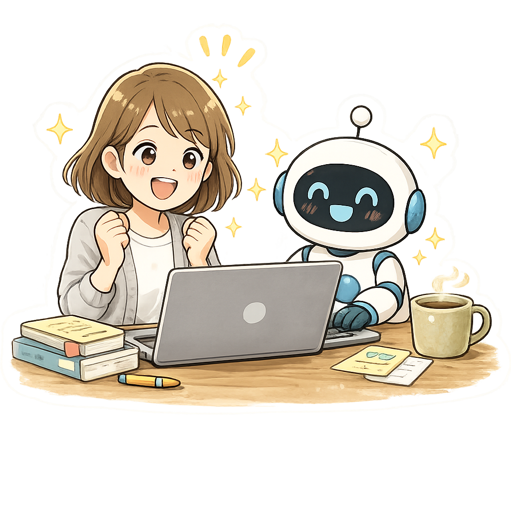 できあがったアプリを見て「私にもできた」と感動して喜ぶてんて子のイラスト