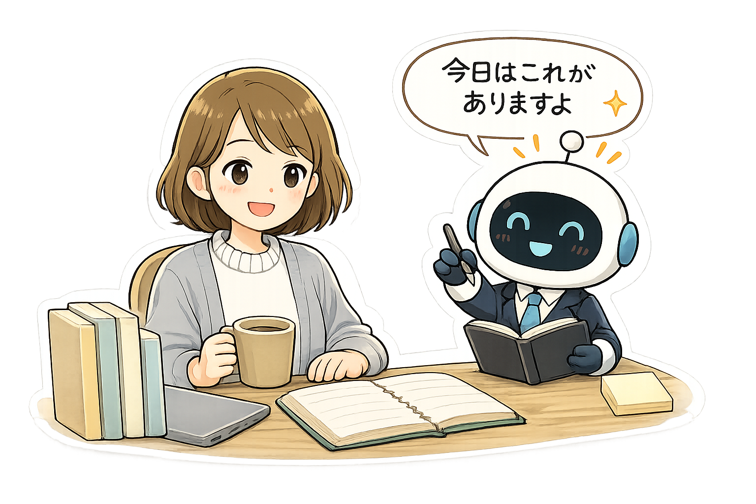 コーヒーを持つてんて子の隣で、手帳を開いて「今日はこれがありますよ」と教える秘書姿のAI（クロコ）のイラスト