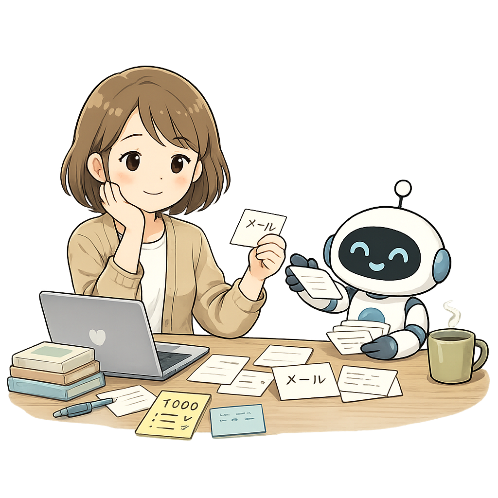 AIが出したいくつかのアイデアの中から、ひとつを選び取るてんて子のイラスト