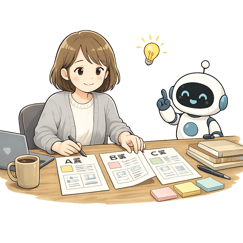 AIが出したA案・B案・C案を見比べて選んでいるてんて子と、アイデアを出すクロコのイラスト