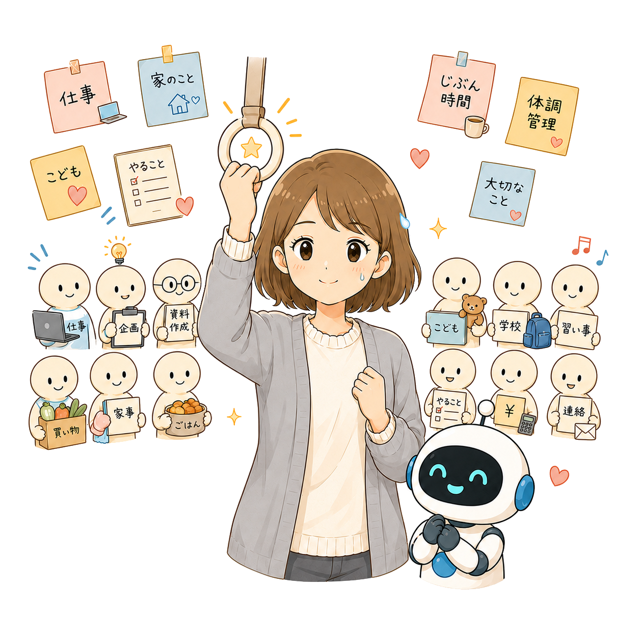 頭の中が整理できて、つり革をつかめるようになったてんて子のイラスト