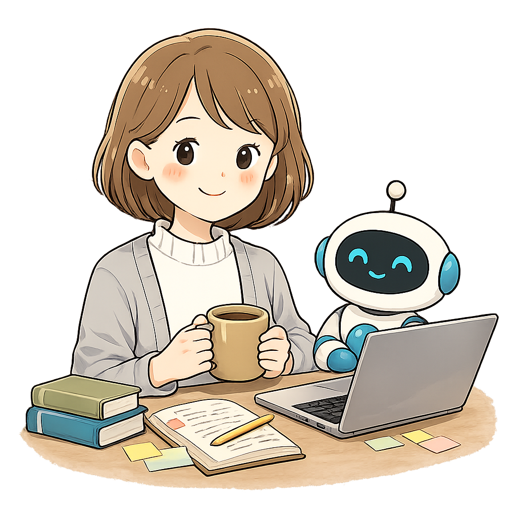 コーヒーを片手に、AI秘書と並んでほっとした表情のてんて子のイラスト