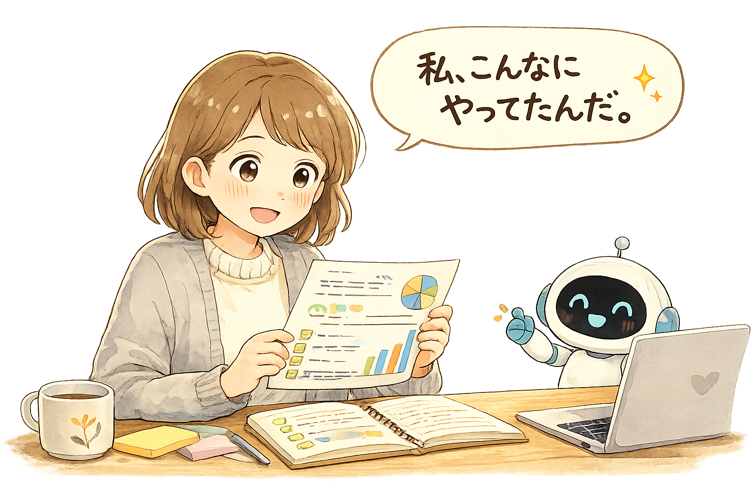 レポートを見て「私、こんなにやってたんだ。」とつぶやくてんて子と、隣で喜ぶクロコのイラスト