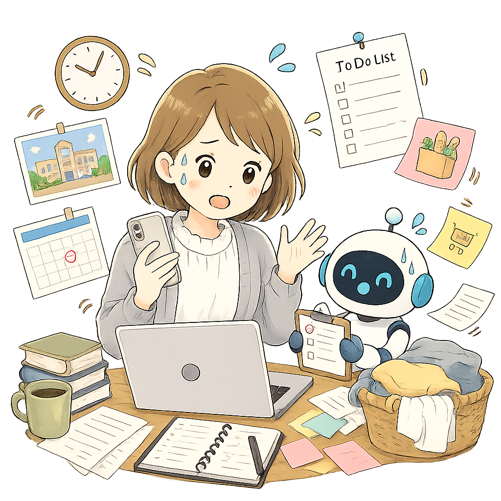 スマホを片手にやることに追われ、てんてこ舞いのてんて子。まわりに時計・TODOリスト・買い物・洗濯物が浮かぶイラスト