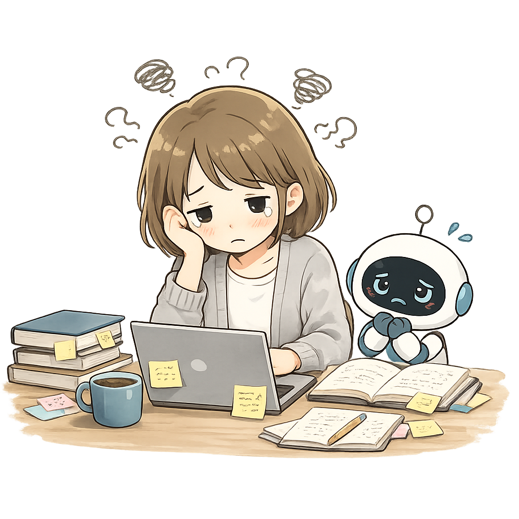 机に向かって疲れ切った様子のてんて子と、心配そうに寄り添うAI秘書のイラスト
