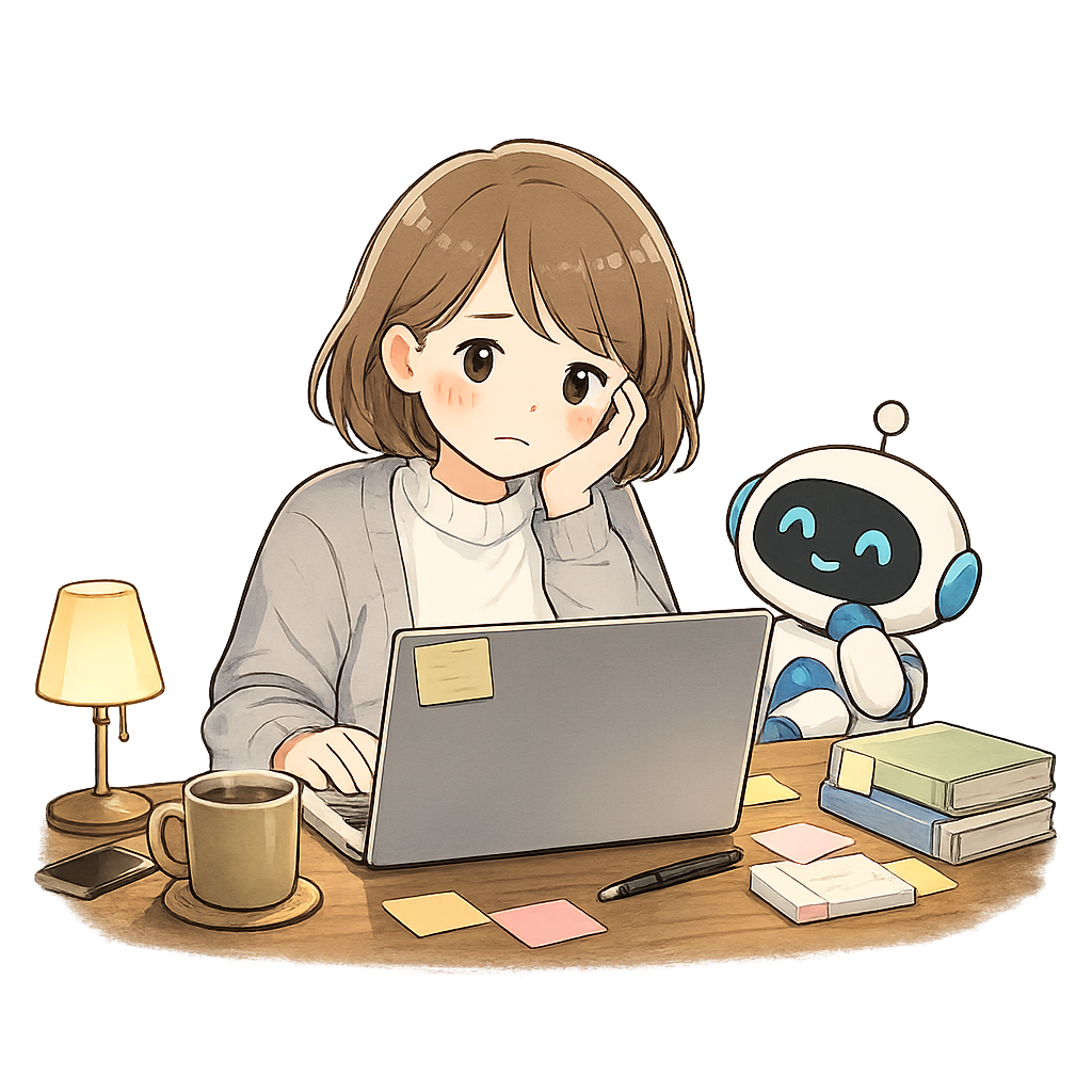 夜、ノートパソコンの前でメールの返信に悩むてんて子。隣でAI秘書のチャッピーがにこにこしている