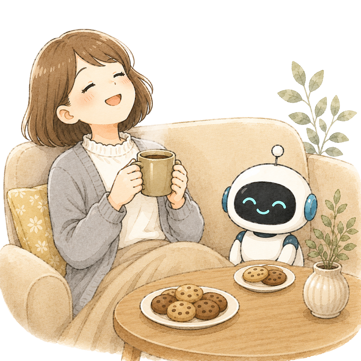 チャッピーとお茶をして休憩するてんて子のイラスト